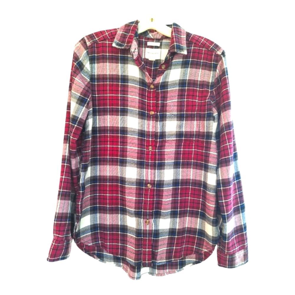 American Eagle Ahh-mazingly Soft Boyfriend fit Flannel Plaid Burgundy size small